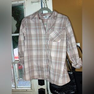 Croft & Barrow Beige and Brown Plaid Button Down Shirt Size Small